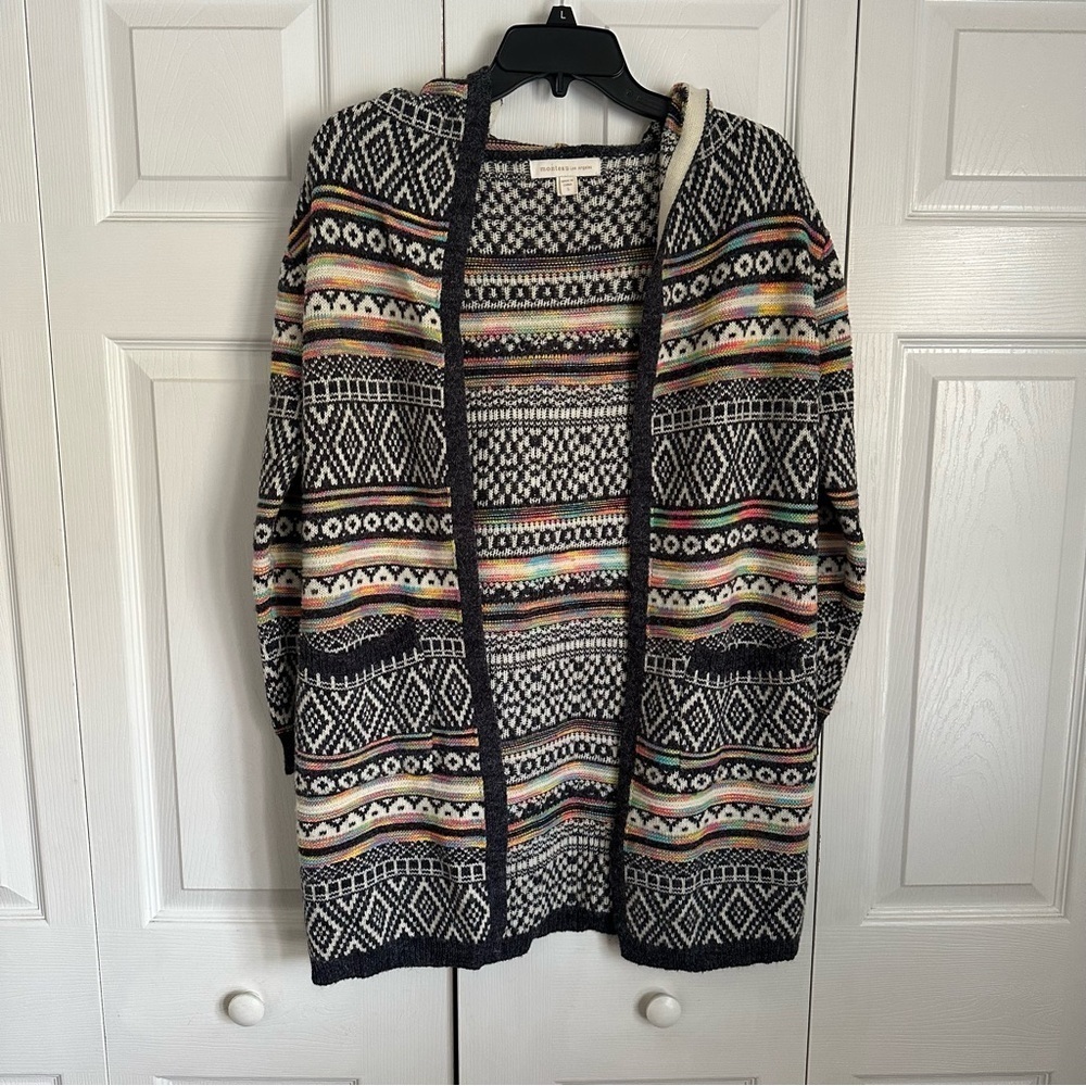 Monteau Los Angeles Sweater Womens S Multi Hooded Open Front Knit Boho Fair Isle